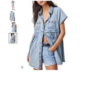 Free People Ronnie Denim Mini Dress Womens Medium Shirt Dress Babydoll Western